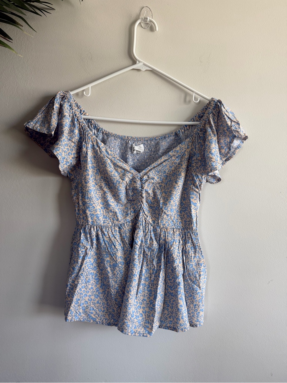 Blue Floral Off-Shoulder Ruching Peplum Blouse